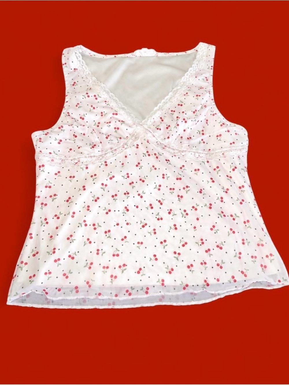 Pink Republic White Cherry-Print Lace Trim Camisole